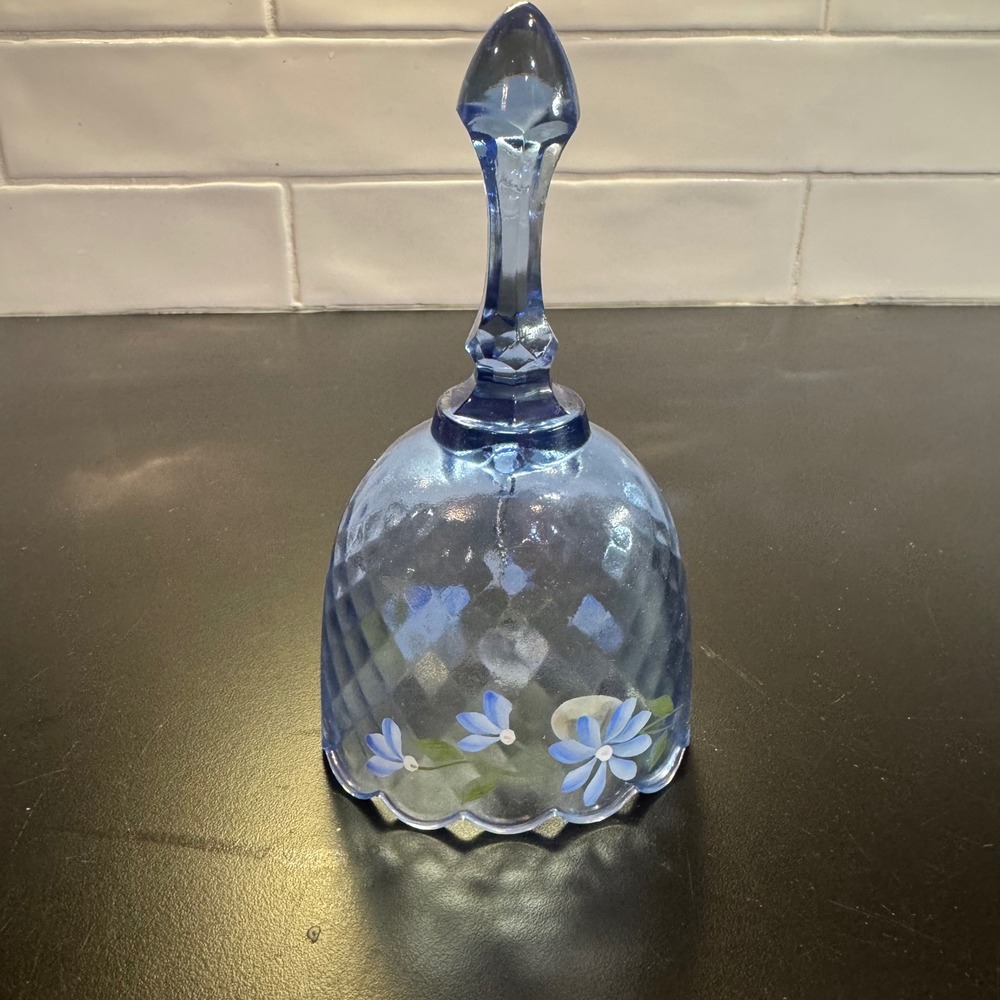 Fenton Glass Bell 6.5in Blue Hand Painted Floral Diamond Optic M Wagner Dd-4